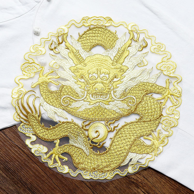 Ethnic Fashion For Men - Gouden draad draken ronde stoffen patch