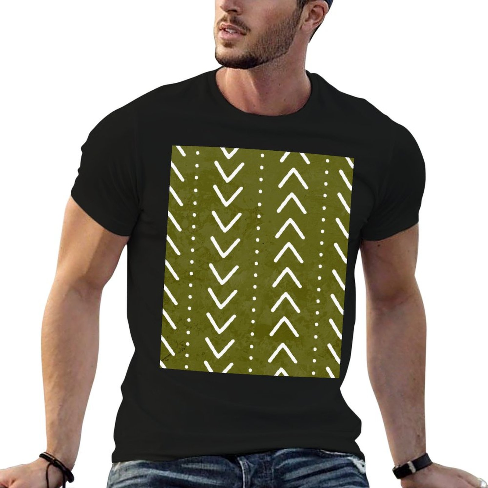 Mudcloth Print Top - Olijfgroen T-shirt met modderdoek-pijlpatroon Ademend reis-T-shirt