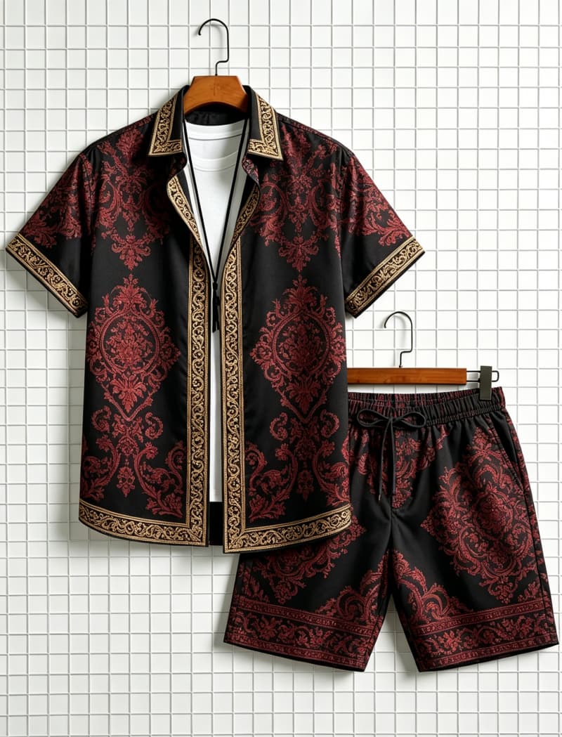 Ethnic Style - Herenset met etnische print, korte mouwen,